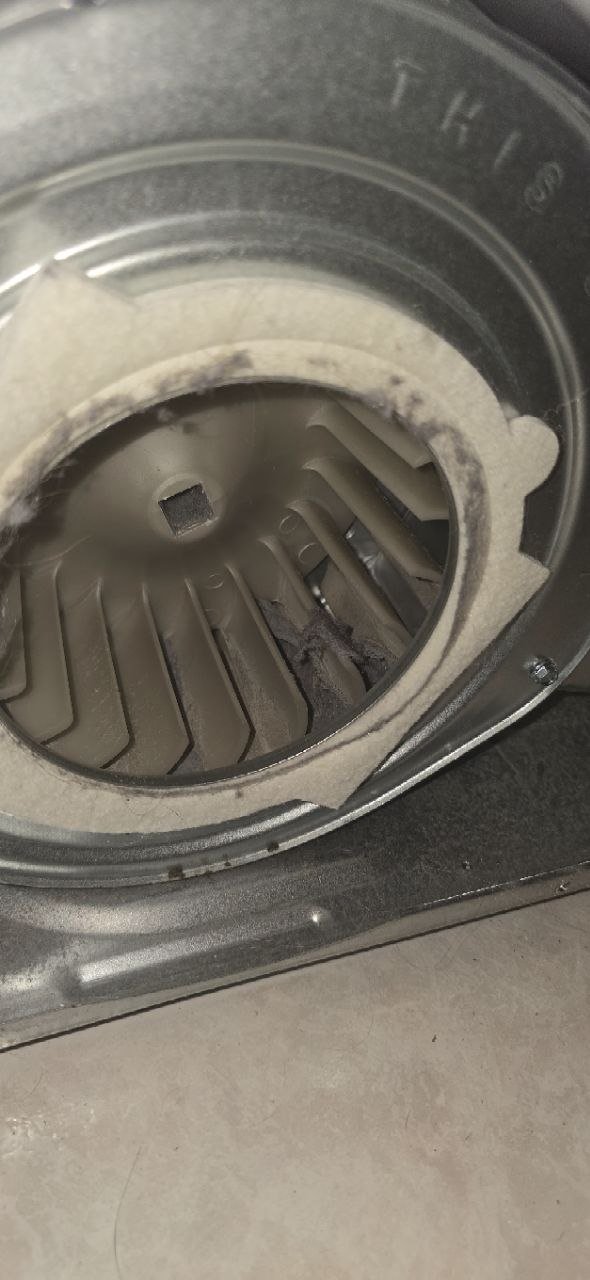 Dryer blower wheel housing being cleaned of accumulated lint to restore proper airflow by Caspian Appliance Repair in Hamilton, Ontario